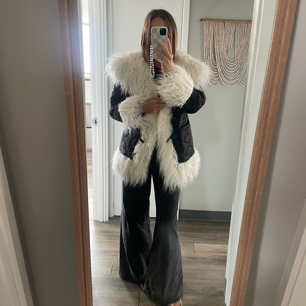 Urban Outfitters Black Jacket with White Faux-Fur Trim